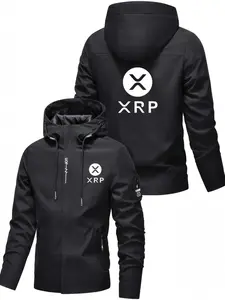 Men's Hooded Jacket, Sporty Front Zipper, Long Sleeve Non-Elastic Fabric, Xrp Logo Print, Lightweight Warm Design, Casual Outdoor Wear, Sport Outdoor Clothing