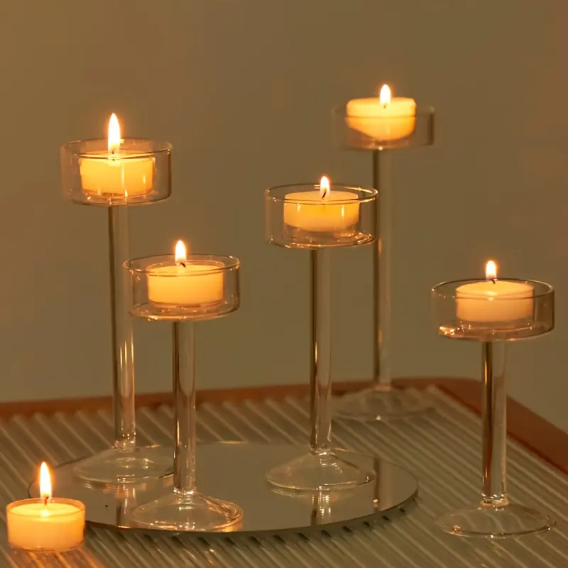 6-Piece tea lamp glass candle holder, dining table center piece transparent hurricane candle holder, restaurant table wedding party Halloween Christmas decoration tea lamp candle holder center piece
