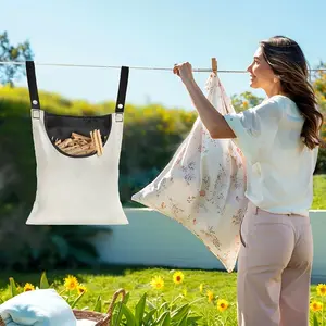 Hanging Canvas Clothes Clip Bag, Overline Hanging Laundry Room Storage Bag, Ultra Large Opening Space, Clothing Clips Storage Solution