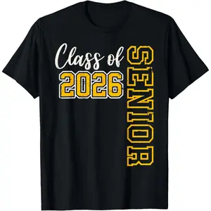 Women's Short-Sleeve Class of 2026 High School Senior Graduation Black Gold T-Shirt, Streetwear Style, Natural Fabric, Casual Wear