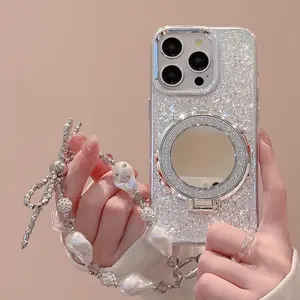 Glitter Phone Case with Mirror Holder & Chain, Anti-drop Phone Protective Cover, Phone Accessory Compatible, Phone Accessories Compatible with iPhone 11 12 13 14 15 16 Pro Max/Pro/Plus, Casing