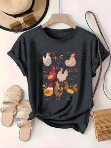 Plus size loose women's rooster print T-shirt, fitted design, medium thickness fabric, comfortable casual top;