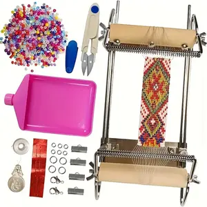 Complete DIY Jewelry Making Kit with Adjustable Bead Loom - Includes Colorful Seed Beads, Large Eye Needle, Pink Funnel Tray, Lobster Clasp, Jump Rings, and Bead Pad - Manual, No Electricity Needed, Jewelry Making Supplies