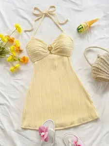 Women's Backless Mini Dress, Textured Halter Neck Design, Perfect for Beach Vacations & Casual, Stylish Summer Wear