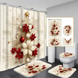1/3/4PCS Christmas Rose & Gold Christmas Tree Shower Curtain Set, 71x71 Inches, Includes Background Pattern, Comes with 12 Hooks, Bathroom Decoration Accessories
