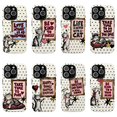 Vintage Black Cat Martini Cellphone Case - Quirky Indie Aesthetic Casing with Protection, Polka Dots, Retro Art Collage, Wine Glass, Olive, Gallery Frame, Coquette Y2K Soft Girl Style for iPhone Series 17-13 Pro Max, Trendy Women's Accessory Gift