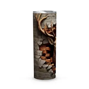 Stag Head Brick Wall 20oz Skinny Tumbler, Rustic Lodge Cabin Decor, Deer Hunter