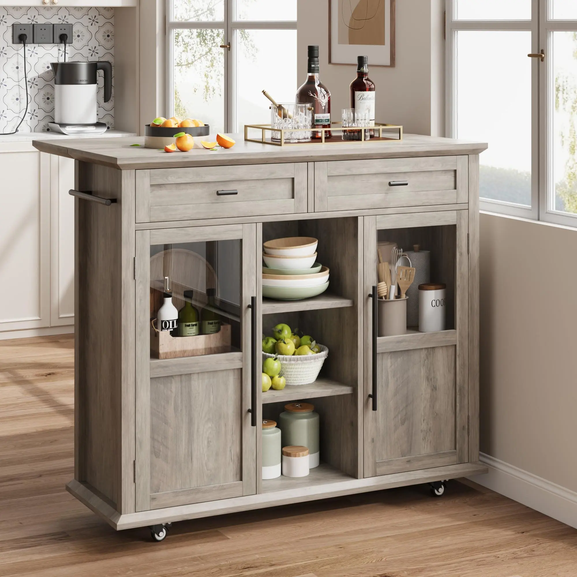 GARVEE Farmhouse Rolling Kitchen Island - 41 in Mobile Table with Drop Leaf, 2 Glass Door Cabinets, 3 Open Shelves & 2 Storage Drawers (Gray)