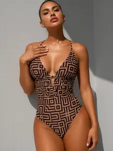 Sexy Plunge V-Neck One Piece Swimsuit Geometric Pattern Ruched Tummy Control Swimwear with Tie Straps