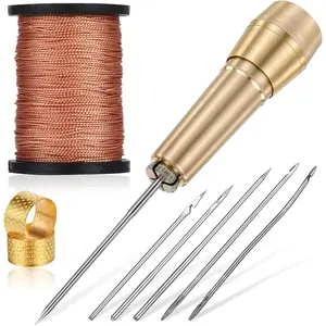 9pcs Leather Sewing Awl Kit Includes 45m Thread, Thimble, Copper Handle Awl with 6 Needles for Craft Shoe Repair Tool