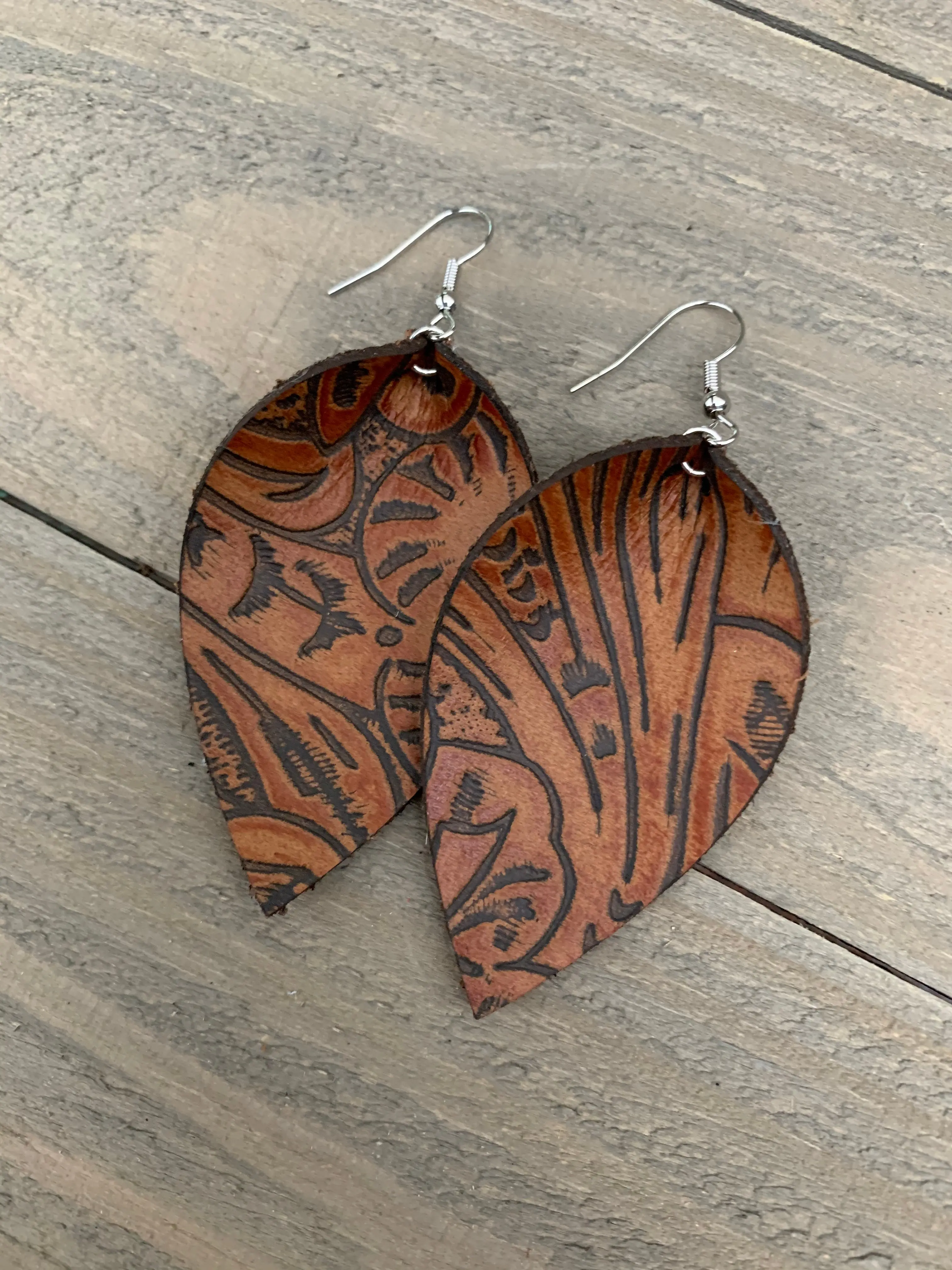 Saddle Brown Western Floral Leather Earrings