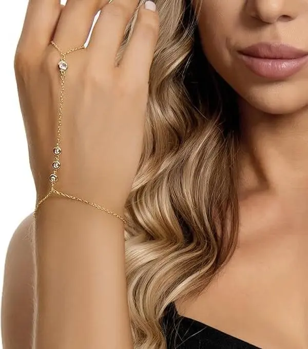 Fashion Ring Bracelet for Women, 14k Gold Plated Cubic Zirconia Hand Chain Bracelet, Trendy Lightweight Hand Jewelry Gift for Anniversary, Birthday, Engagement & Party, Dainty Festival Gift