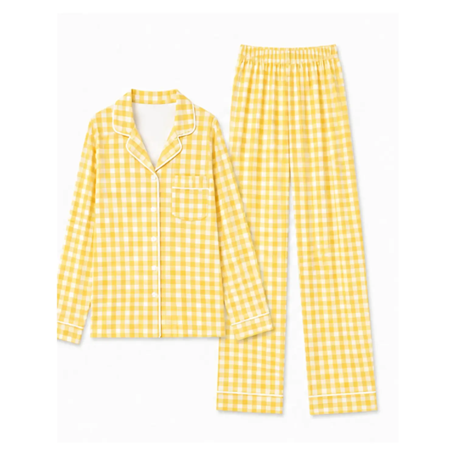 Black Checkered Long Sleeve Button Front Pajama Set with Collared Top and Straight Leg Pants for Cozy Autumn Winter Sleepwear