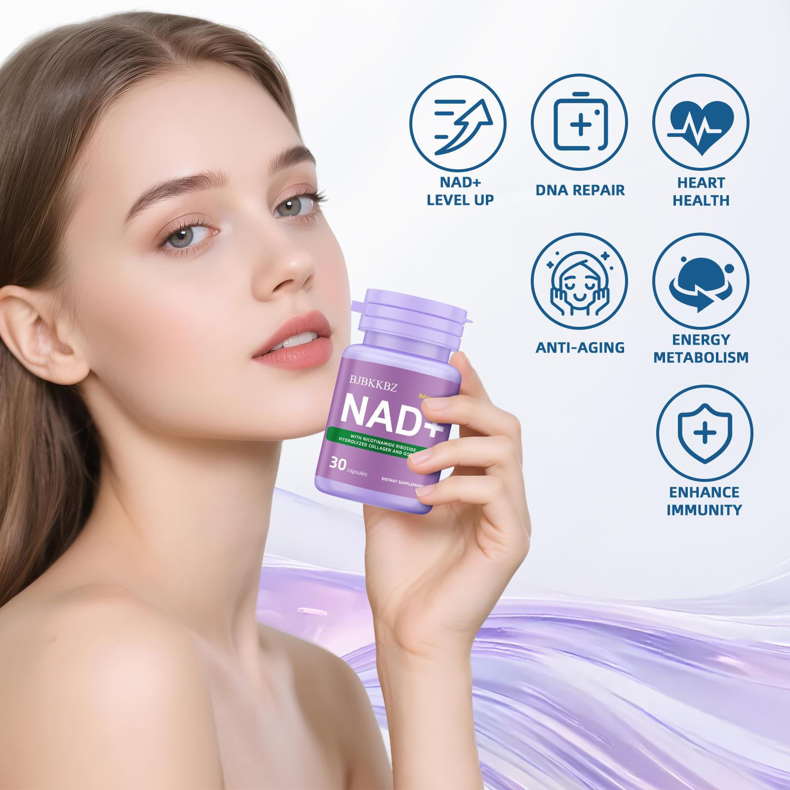 BJBKKBZ NAD+ Supplement with Nicotinamide Riboside, Hydrolyzed Collagen & Gotu Kola, Three-in-One Formula for Cell Revitalization, 30 Capsules