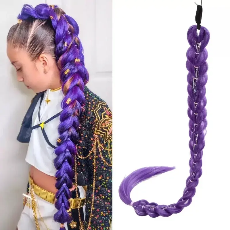 2026 New 32 Inch Synthetic Purple Braided Wig Shimmering Metallic Kids Christmas Costume Hairpiece -Rumi Collection