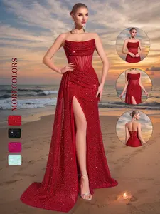 Elegant Women's Sequined Evening Gown, Long Sleeve A-Line Dress, Sparkling Formal Wear, Perfect for Parties & Weddings