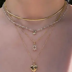 Vintage Layered Starburst Heart Faux Gem Collarbone Chain - Versatile Women's Costume Jewelry Necklace Accessory
