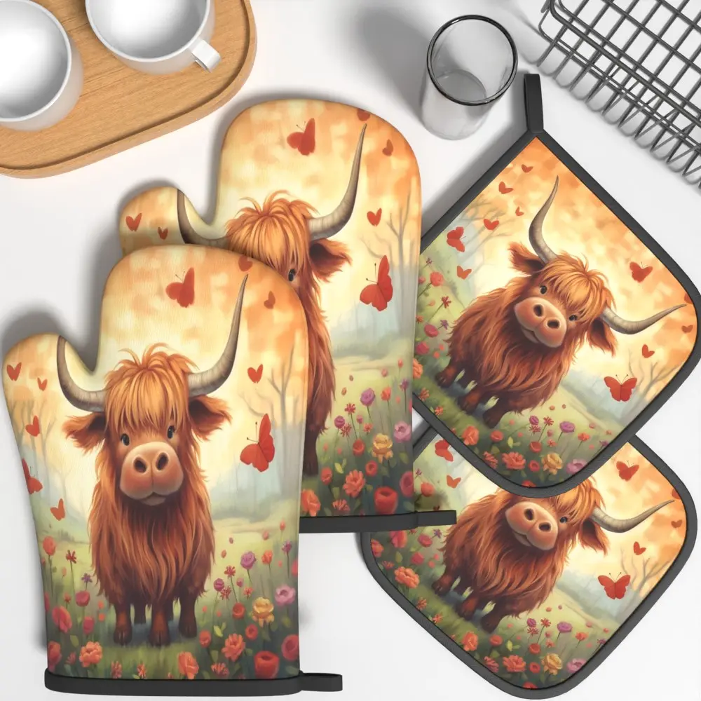 4pcs Oven Mitts And Pot Holders  Highland Caw Butterfly Cute Heat Resistant Oven Mitts And Pot Holders Sets Kitchenware Suitable For Cooking, Home Oven, Baking, Kitchen Decoration, Housewarming Gifts