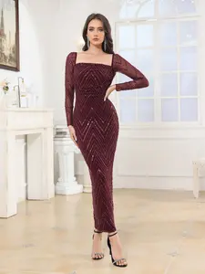 Women's Long Sleeve Sequin Formal Glitter Dress, Elegant Fish Tail Design, Back Split, Slim Fit, Perfect for Parties, Weddings, Banquets