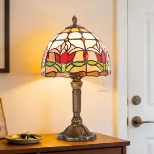 7.9 Inch Tiffany Style Tulip Stained Glass Table Lamp, Antique Bronze Resin Frame, E26 Base with Warm Light Bulb Included, In-Line Button Switch for Bedroom Living Room Home Office