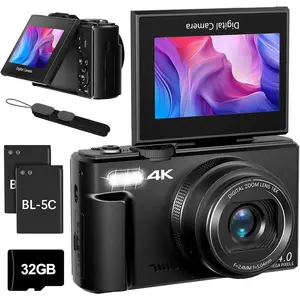 4K Digital Camera for Photography, 4K 64MP Vlogging Camera for YouTube with 3" 180? Flip Screen, Compact WiFi Camera with 18X Digital Zoom, 32GB  SD Card & 2 , Black