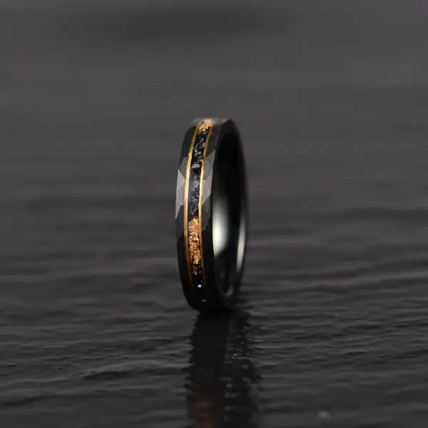 Galactic Gold Ring - Hammered Tungsten Meteorite Gold Leaf 4MM