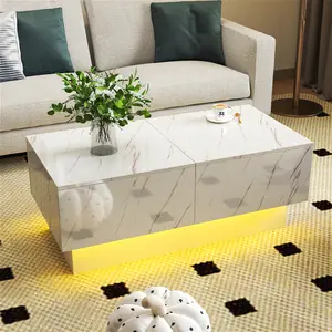 LED Coffee Table with Sliding Tabletop, 39.37" Modern White Center Table with LED Light and Hidden Storage Compartment, Extendable Faux Marble Sticker Cocktail Tea Accent Table for Living Room