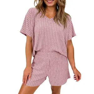 Tankaneo Womens 2 Piece Short Sets Lounge Outfits Summer Ribbed V Neck Short Sleeve Tops Casual Pajama Sets