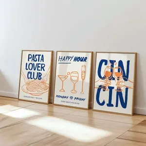 3pcs Kitchen Wall Art Fashion Cin Cin Cheers Print Vintage Fun Times Poster Italian Pasta Food Print Bar Unframed Decorative Painting