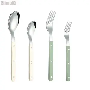 Cream-White Stainless Steel Dinner Fork Spoon Set (Gender-Neutral Aesthetic) — Modern minimalist design with a riveted handle; restaurant-quality, unisex cutlery suitable for everyday dining, table settings, and compact kitchens.