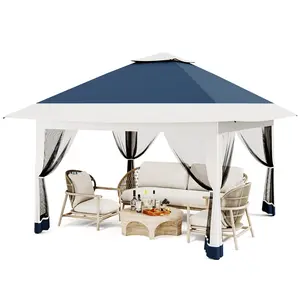 12x12 Pop Up Metal Frame Canopy, Outdoor Steel Frame Sun Shelter with Mesh Netting, Double Vented Roof, Adjustable Heights, Easy Setup Waterproof Party Tent for Backyard & Patio, Sturdy Khaki Metal Structure,summerwins