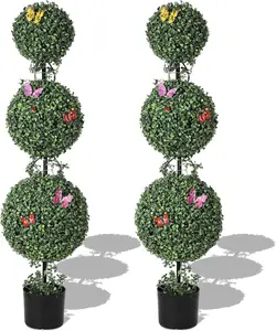 【Christmas Gift】4 FT Artificial Triple Ball Topiary Trees with Pot  2 PCS Topiary Trees Artificial Outdoor with Moss  Vine Insect Decor All Year Green Outdoor Faux Plants for Front Porch  Home Decor Decorative Fruit Decoration Gift