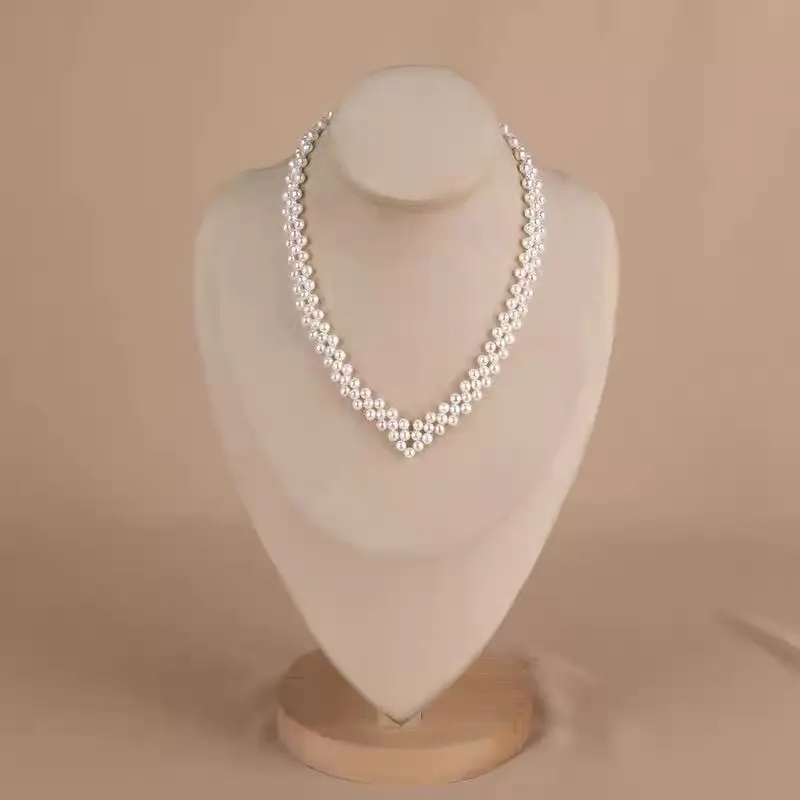 NO.11-Triple Layer Heart Shaped Woven Freshwater Pearl Choker, Elegant Hand Braided Pearl Necklace for Women Wedding Evening Party