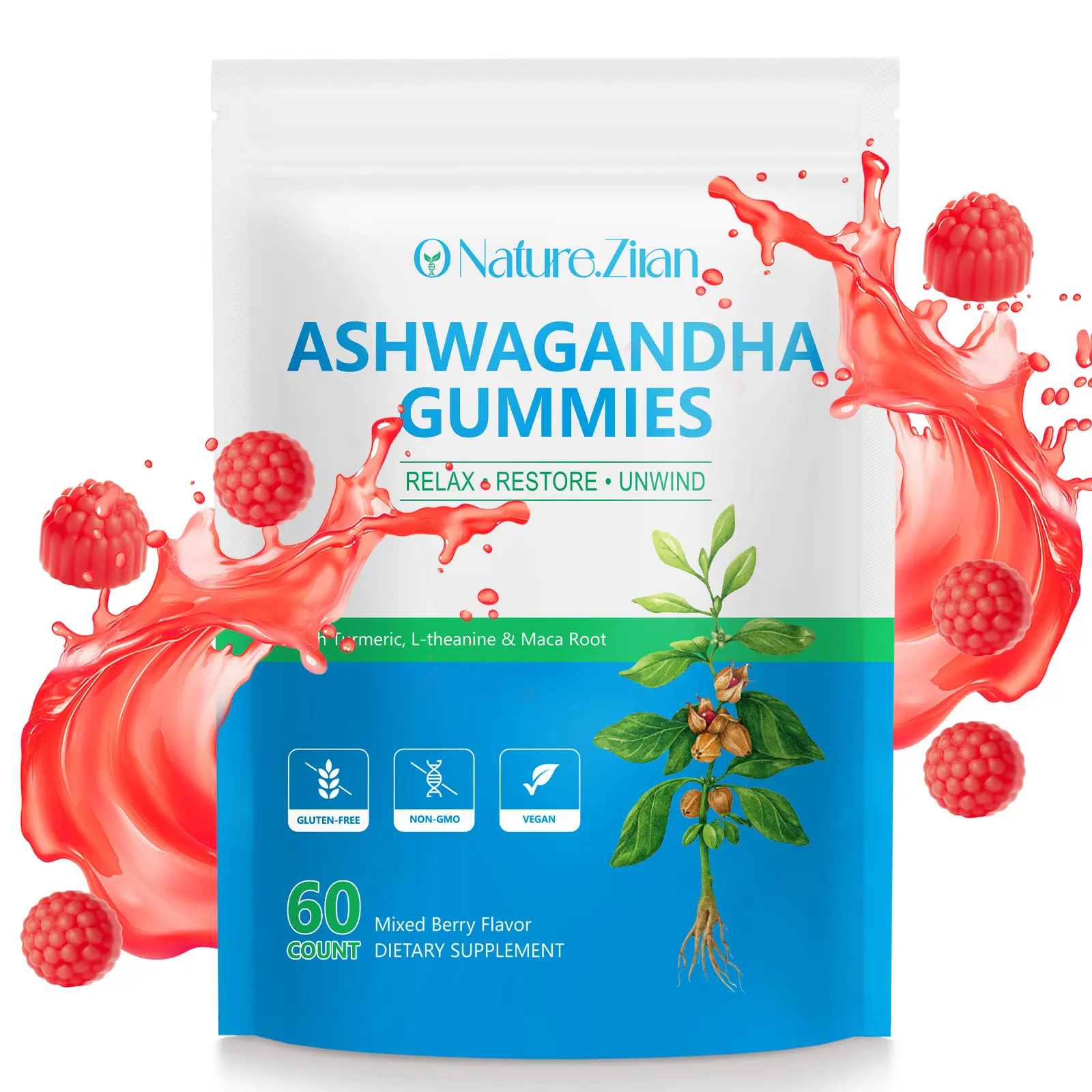 O NATURE . ZIRAN Ashwagandha & Vitamin D Dietary Wellness Supplement Gummies - Mixed Berry, KSM-66, Vegan, Plant-Based, Non-GMO, Gluten-Free, Gelatin-Free Herb for Daily Health & Healthy Response, Reduces Cortisol, Edible summerwins, Dietary Supplement, C