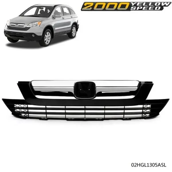 100% Brand New Upper + Lower Chrome Front Bumper Grill, High Grade OE, Light Weight Design, Excellent Replacement for Honda CRV CR-V 2007-09, DOT/SAE Approved