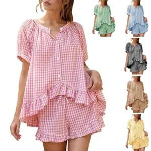 Women's short sleeved pajama set 2-piece cotton Pj casual set fluffy sleeves ruffled doll shirt shorts cute summer pajama casual wear comfortable women's wearRAIMENTRY