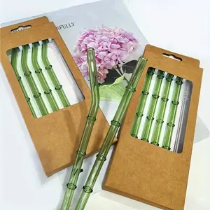Reusable Bamboo Glass Straws Set of 8, High Borosilicate Glass Drinking Straws with Cleaning Brush, Ideal for Smoothies, Coffee, Cocktails