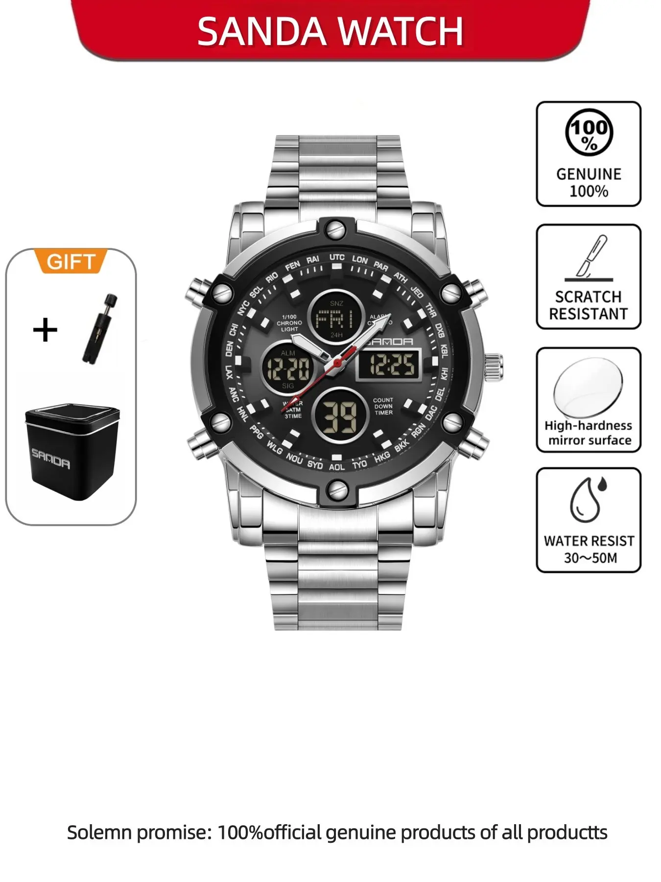 Sanda Dual Display Electronic Watch Multi functional Steel Strap Large Dial Men's Durable Watch Digital Multifunctional Watch Waterproof Wristwatch Three Time Outdoor Sports Watch Digital Watch