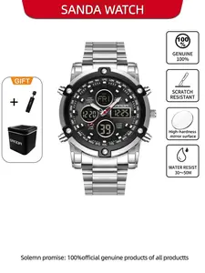 Sanda Dual Display Electronic Watch Multi functional Steel Strap Large Dial Men's Durable Watch Waterproof Wristwatch Three Time Outdoor Sports Watch Digital Watch