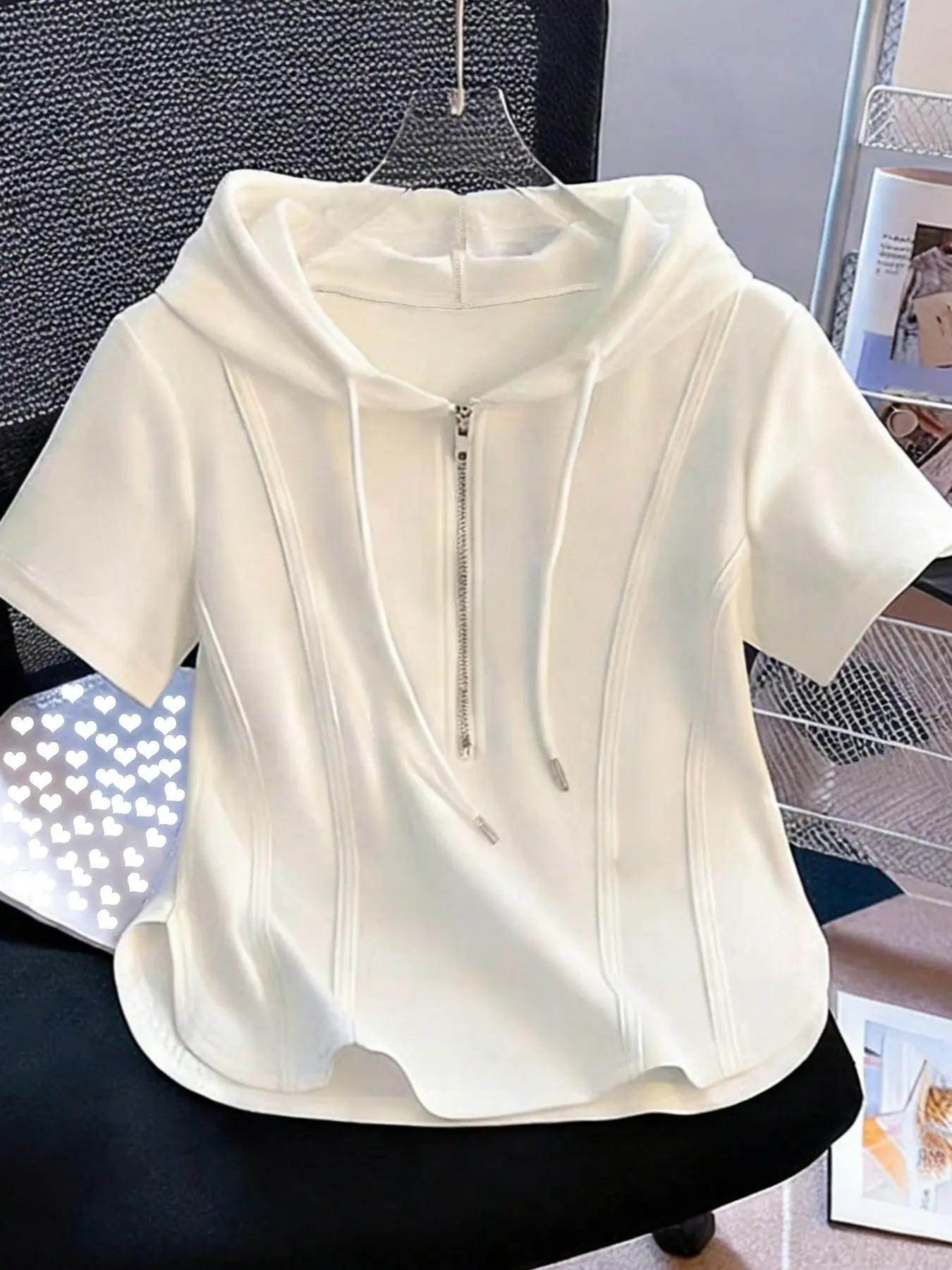Summer New Trendy Fashion Pure Desire Basic Casual Style Hooded Half-Zip Short Sleeve T-Shirt, Slim Fit Versatile Short Top, Slimming Upper Garment