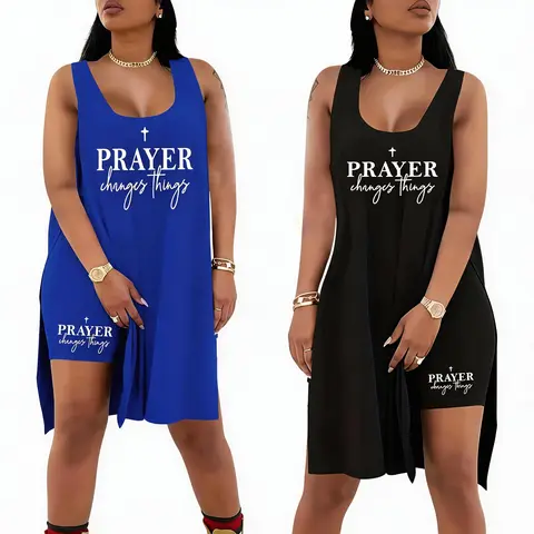 Women's Plus Size 2-Piece Athleisure Casual Matching Set - Sleeveless Lettering Print Tunic Top, Fitted Skinny Biker Shorts, Bodycon Split Hem, Sporty Chic Polyester, Pull On, Machine Washable, Large Sizes OOTD Outfit