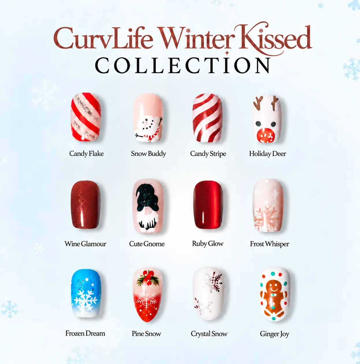 Winter Kissed Collection – CurvLife Elegant Holiday Press On Nails Inspired by Frost, Candy Canes, and Christmas Magic | Red, White, and Sparkle Nail Art for the Winter Season | Reusable Gift Set