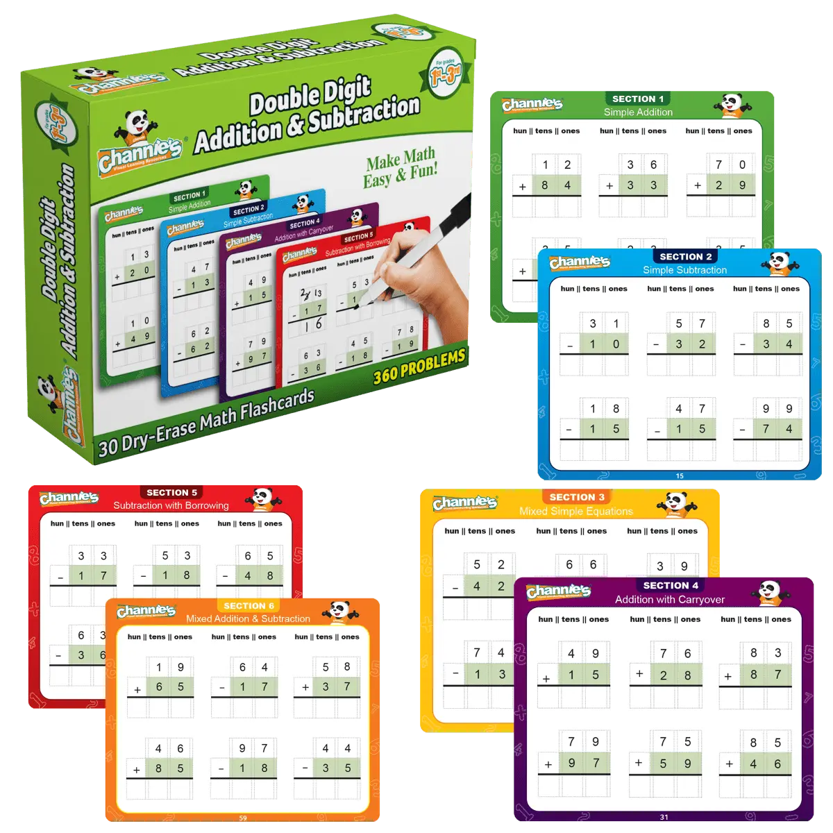 Visual Double Digit Additional & Subtraction Dry Erase Math Flash Cards