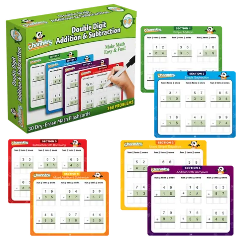Channie's Dry Erase Double-Digit Addition & Subtraction Flash Cards, Ages 8+ Math Learning Materials with Number Blocks, Color-Coded Lessons, Guided Number Alignment, Lined Grids, Mixed Skill Sets, Better Penmanship, Easy Teaching, School Use, Kids' Gift