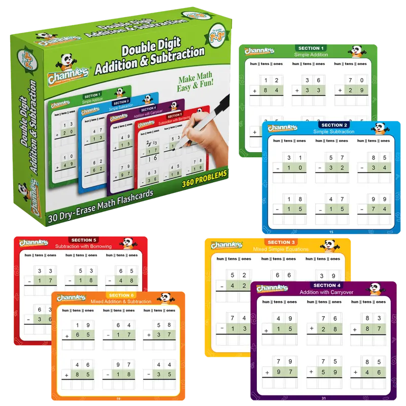 Channie's Dry Erase Double-Digit Addition & Subtraction Flash Cards, Ages 8+ Math Learning Materials with Number Blocks, Color-Coded Lessons, Guided Number Alignment, Lined Grids, Mixed Skill Sets, Better Penmanship, Easy Teaching, School Use, Kids' Gift