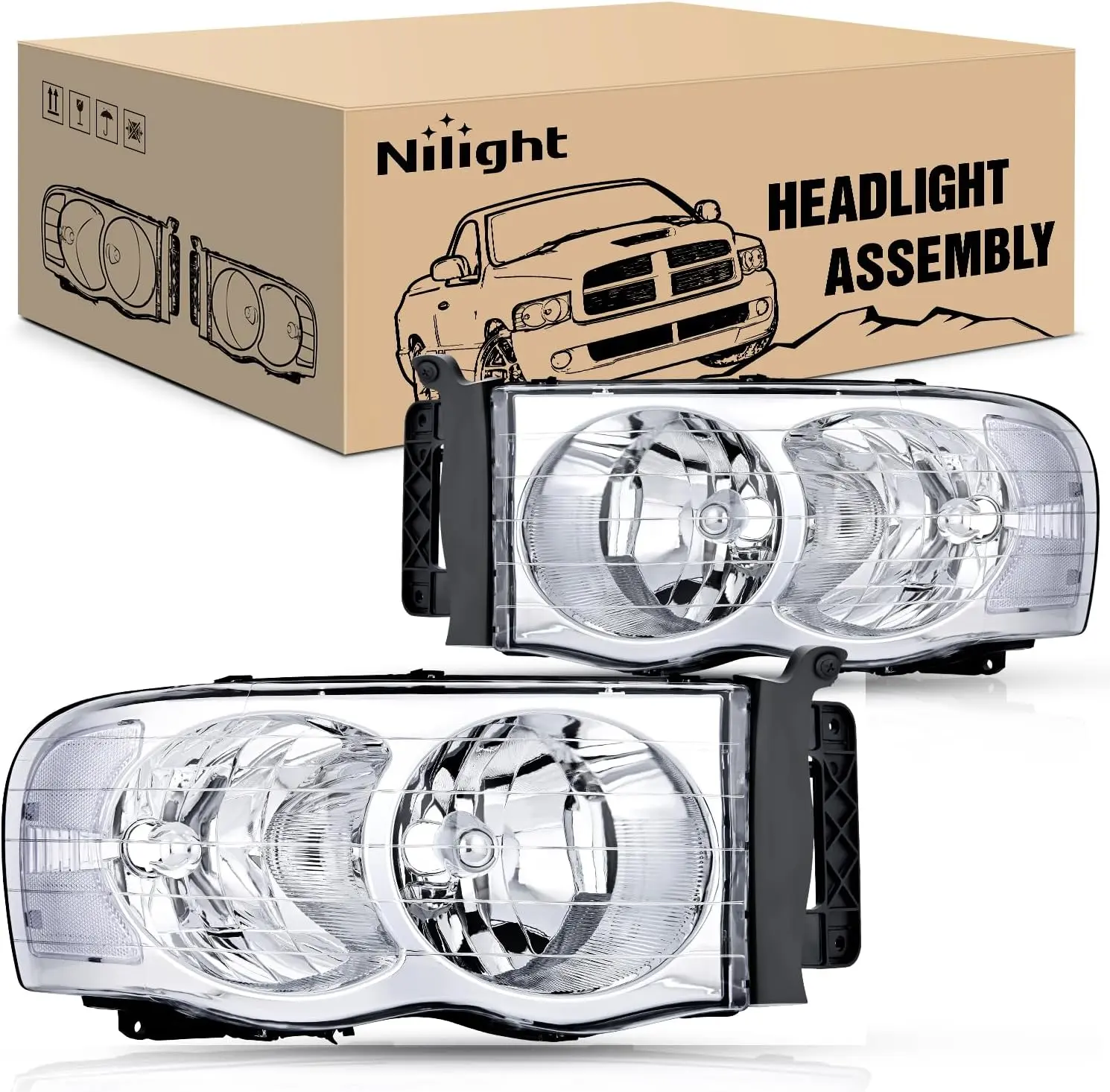 Nilight Headlight Assembly 2-Pack, Chrome Look Housing with Clear Corner & Clear Lens, IP65 UV Resistant OE Standard Plug-and-Play Replacement for 2002-2005 Ram 1500, 2500, 3500 (Driver & Passenger Side)