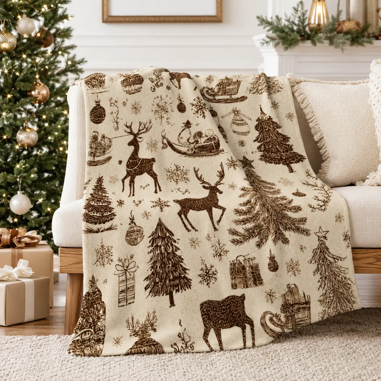 Vintage Brown Christmas Festive Flannel Fabric Blanket - Rustic Farmhouse Xmas Warm Plush Throw, Multi-Size Cozy Bedding for Living Room Bedroom, Ideal Home Relaxation Gift for Women Kids Home Decor