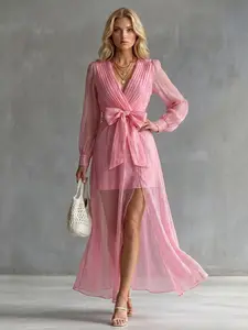 LikeMyChoice 2026 Formal Women's Blush Pink Chiffon Wrap Maxi Dress - Bow Tie Waist, Sheer Sleeves - Womenswear Wedding Guest Bridesmaid Dress