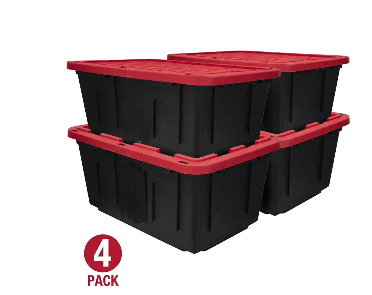 Large Storage Bin, 27 Gallon Plastic Storage Container with Snap-On Lid, Black and Red, Pack of 4 Large Storage Bin, 27 Gallon Plastic Storage Container with Snap-On Lid, Black and Red, Pack of 4