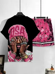 Men's Fashion 2-Piece Set, Fitted Round Neck Short Sleeve T-Shirt & Belted Shorts, Breathable Polyester Fabric, Unique Cartoon Print